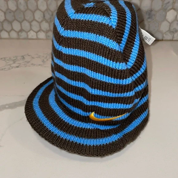 Nike Hat Youth Reversible Brown Blue Knit Sideways Rim Beanie Logo Swoosh Kids S - Picture 7 of 10